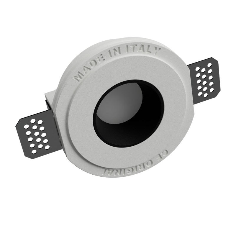 PORTAFARETTO DA INCASSO IN GESSO CERAMICO CON GHIERA NERA A FILO PER 1 GU10 DIAMETRO 12X12XH9 COMPLETO DI PORTALMAPDE