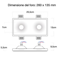 PORTAFARETTO DA INCASSO IN GESSO CERAMICO CON FROMA CONICA 25,5X13CM PROFONDITA 9,5CM COMPLETO DI PORTA LAMPADA GU10X2 E MOLLA