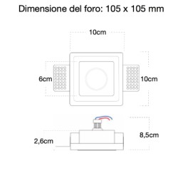 PORTAFARETTO QUADRATO SLIM IN GESSO X1 GU10 CON ALETTE FISSE9,5cm x 9,5cm PROFONDITA' 8,5 cod. 040