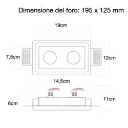 PORTAFARETTO DA INCASSO RETTANGOLARE IN GESSO CERMICO X 2 GU10 FORO 19X12 PRODITA' 11,5CM
