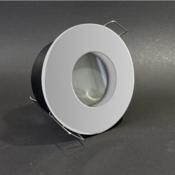 PORTAFARETTO DA INCASSO CON MOLLE IN ALLUMNIO CON CORNICE BIANCA ROTONDO   IP65 PER 1 GU10 PORTALMPADE ESCLUSO INCASSO DIAM.