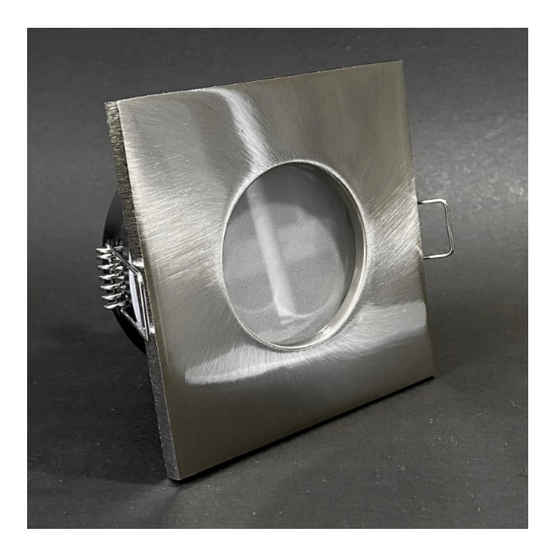 PORTAFARETTO DA INCASSO CON MOLLE IN ALLUMINIO CON CORNICE SILVER  QUADRATO IP65 PER 1 GU10 PORTALMPADE ESCLUSO INCASSO DIAM.