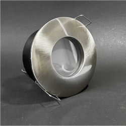 PORTAFARETTO DA INCASSO CON MOLLE IN ALLUMNIO CON CORNICE SILVER  ROTONDO IP65 PER 1 GU10 PORTALMPADE ESCLUSO INCASSO DIAM.