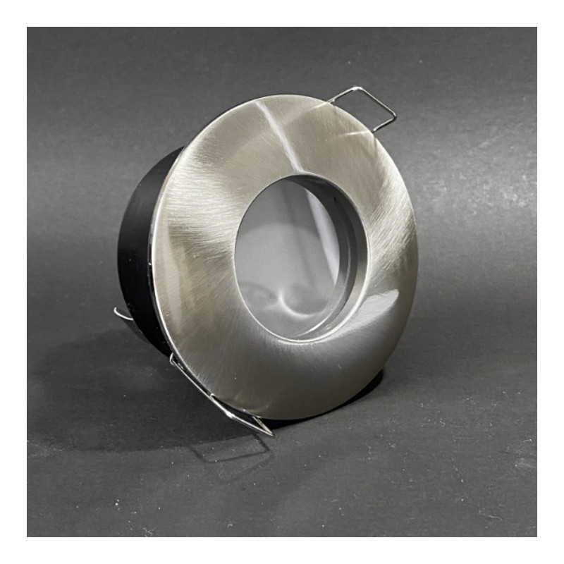 PORTAFARETTO DA INCASSO CON MOLLE IN ALLUMNIO CON CORNICE SILVER  ROTONDO IP65 PER 1 GU10 PORTALMPADE ESCLUSO INCASSO DIAM.