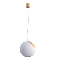 SOSPENSIONE IN GESSO CERAMICO A SFERA CON UNA PARTE DI METALLO ORO ATTACCO GX53 DIAMETRO 25CM CON CAVO BIANCO E COPPA BIANCA