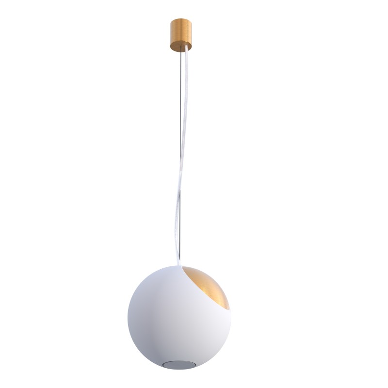 SOSPENSIONE IN GESSO CERAMICO A SFERA CON UNA PARTE DI METALLO ORO ATTACCO GX53 DIAMETRO 25CM CON CAVO BIANCO E COPPA BIANCA